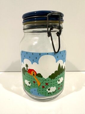 Vintage 9.5” Anchor Hocking Glass Canister 1982 Nina Farm Sheep Grass Jar